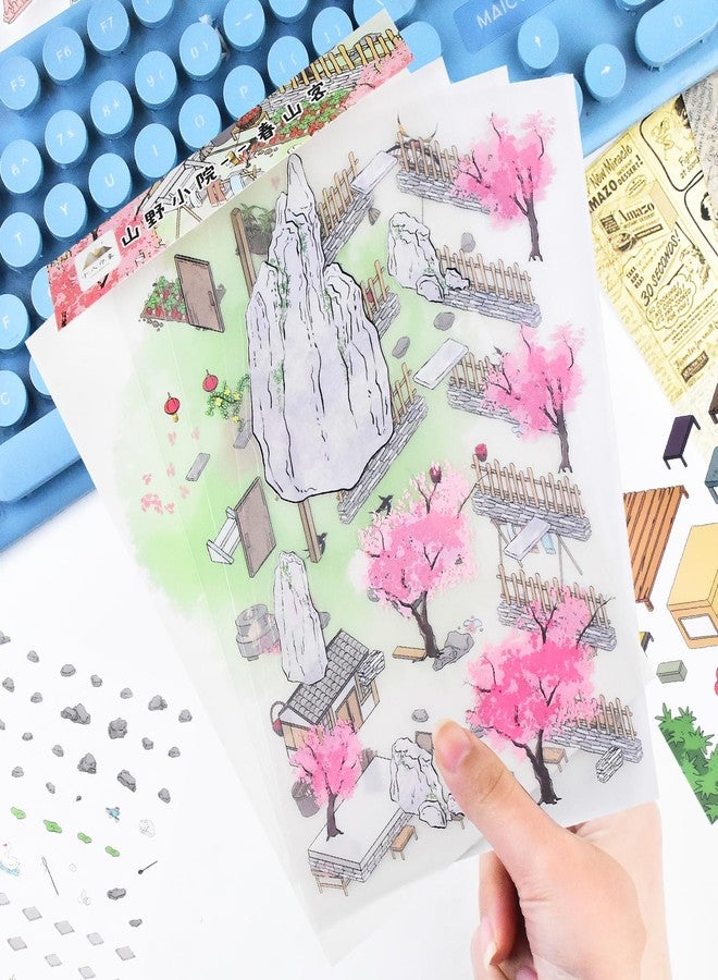HOMICO 4 Sets Vintage 3D Sticker Scene 3D House Stickers with Tweezers Vintage Mountain Courtyard Natural Scenes Make Your Own House Miniature Scene Stickers - Image 5